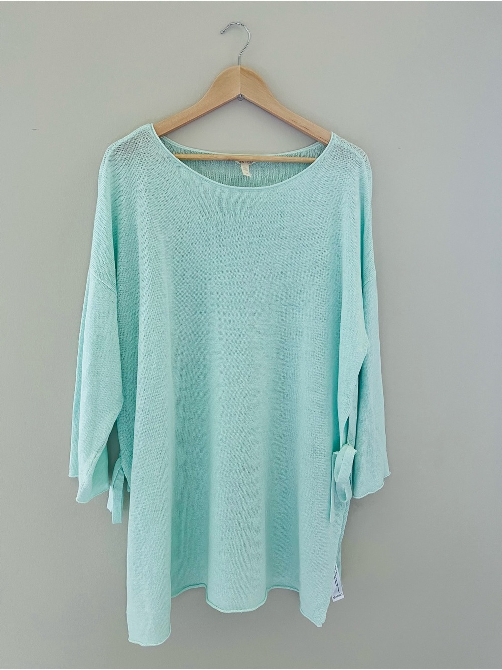 Eileen Fisher Large 100% Organic Linen Tunic Mint Green Relaxed Tie Beach Summer